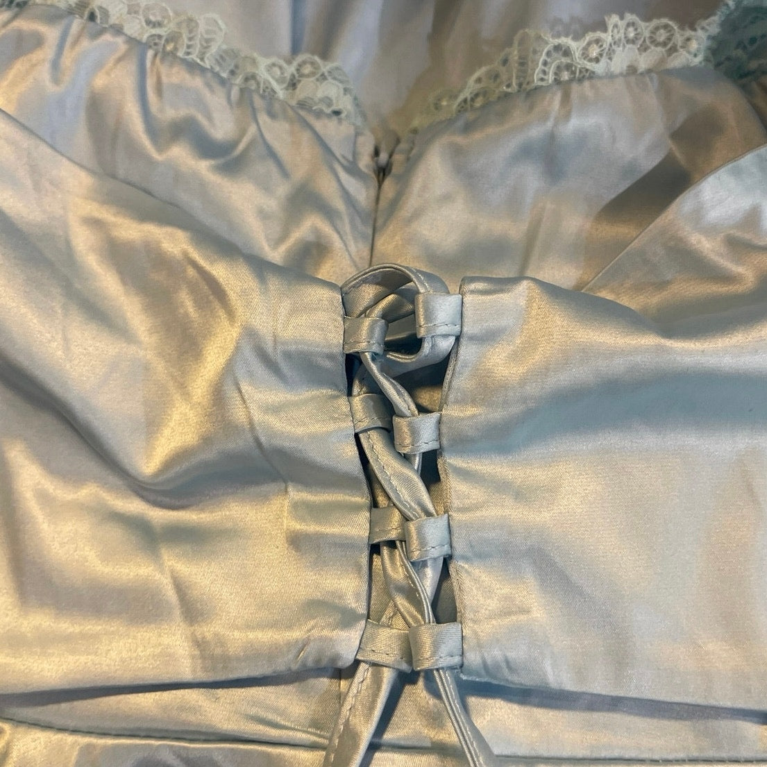 Blue Satin Faux Silk Lace Trim Mini Slip Dress Coquette Fairycore Whimsigoth Y2K