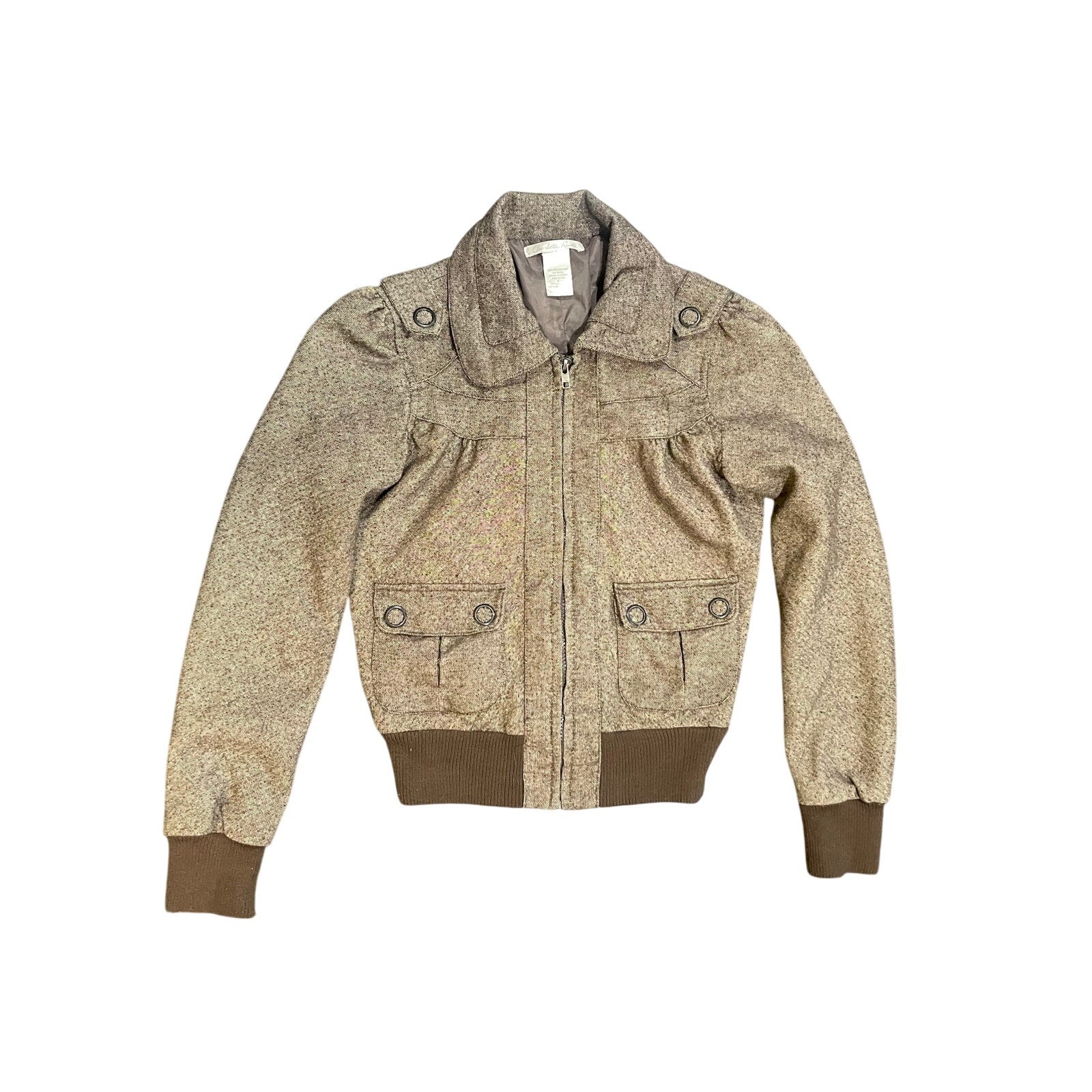 Charlotte Russe Brown Tweed Style Zip up Jacket Size Small Bomber Flight
