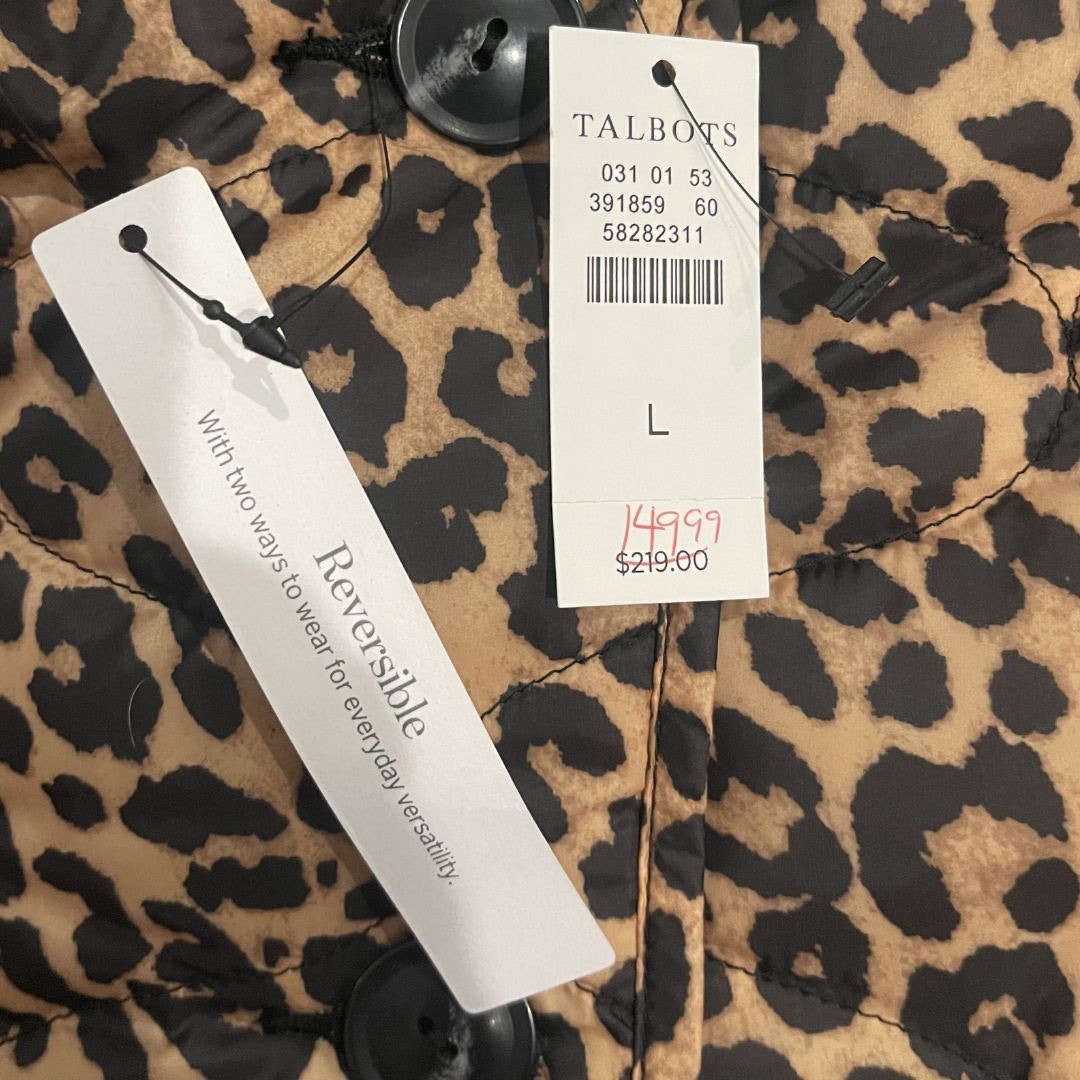 Talbots Quilted Reversible Button Jacket Allover Animal Size Large Chic NWT