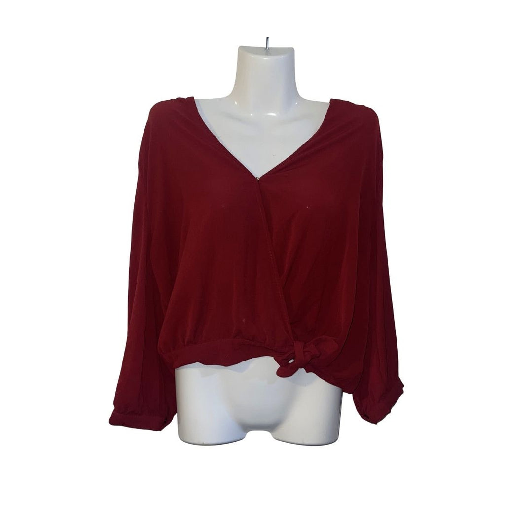 Japna Burgundy Wrap Tie Crop Deep V-Neck Blouse Size Medium Dressy Chic