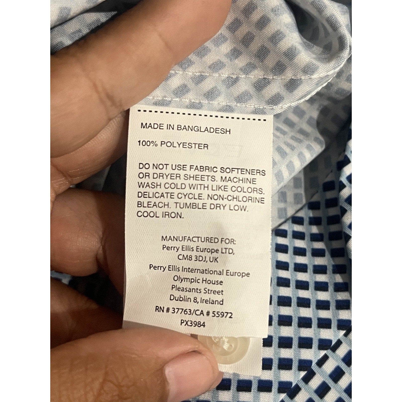 Perry Ellis Stretch Dress Long Sleeve Shirt Large Blue White Geometric Career
