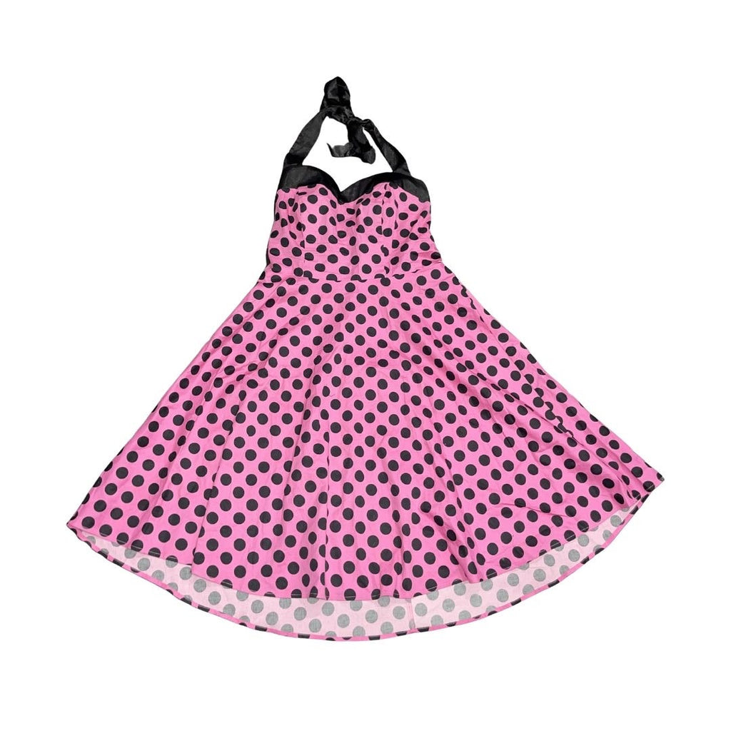 Dress Tells Rockabilly Halter Dress Pink & Black Polkadots Retro Pinup Swing