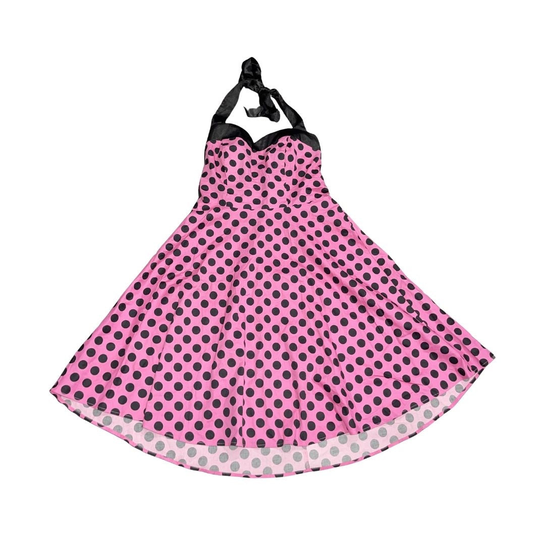 Dress Tells Rockabilly Halter Dress Pink & Black Polkadots Retro Pinup Swing