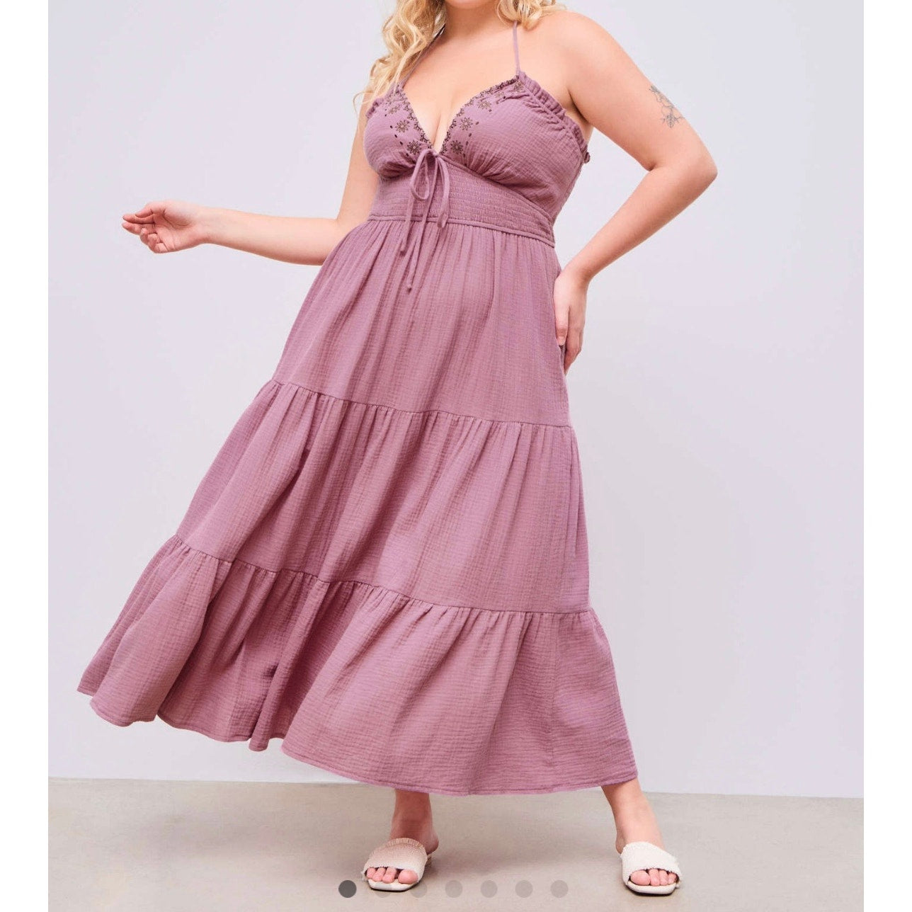 CIDER NWT HALTER SOLID KNOTTED SHIRRED EMBROIDERY RUFFLE TIERED MAXI DRESS CURVE & PLUS