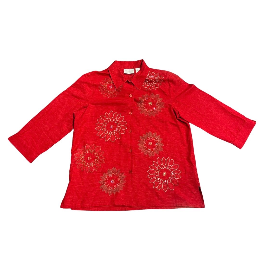 Alfred Dunner 3/4 Sleeve Blouse Floral Beaded Embroidery SZ 10 100% Silk Boho