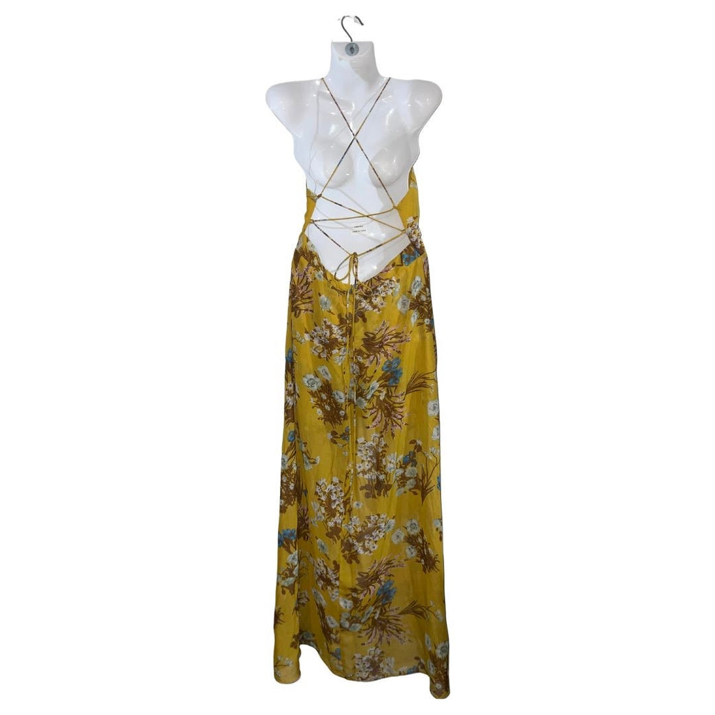 Essue Halter Floral Romper Maxi Dress Slit Large NWT Criss Cross Back Boho Chic
