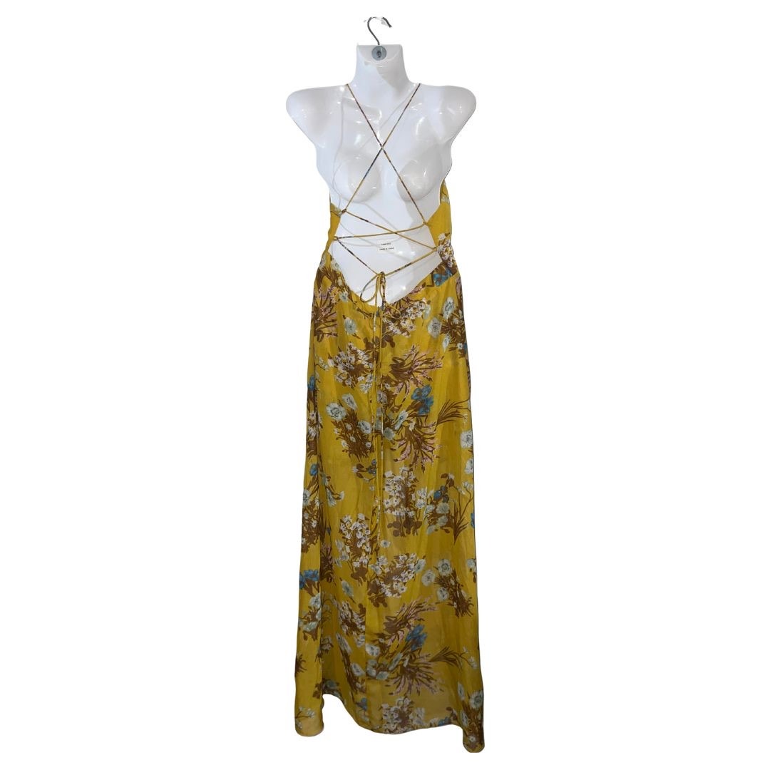 Essue Halter Floral Romper Maxi Dress Slit Large NWT Criss Cross Back Boho Chic