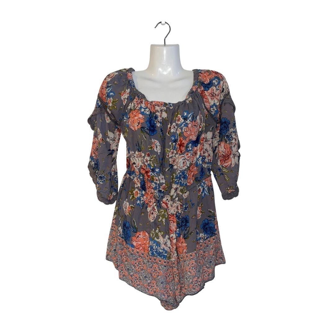 Angie Off Shoulder Floral Paisley Lace Trim Romper SZ L Boho Festival Flirty