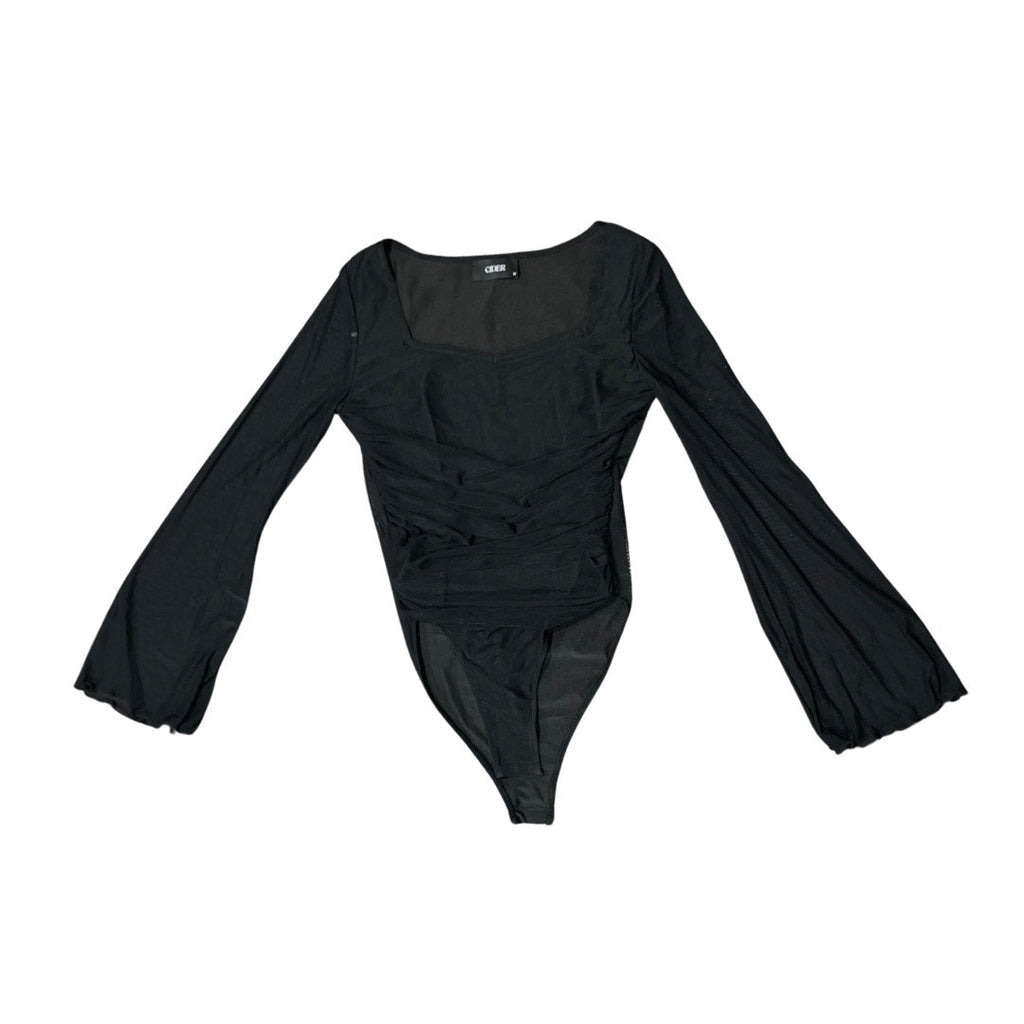 CIDER SOLID MESH BELL SLEEVE RUCHED BODYSUIT