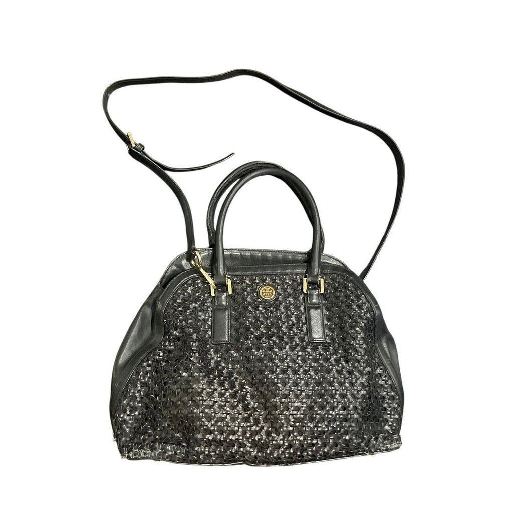 Tory Burch Logo Robinson Black Basket Woven Leather Satchel Tote Handbag Classic