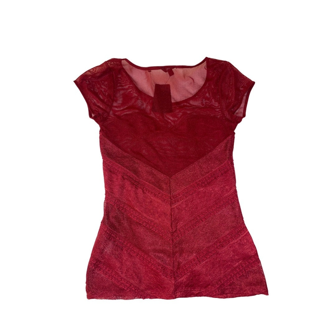 Guess Lace Mesh LillyAna Blouse Top Burgundy Short Sheer Sleeves NWT