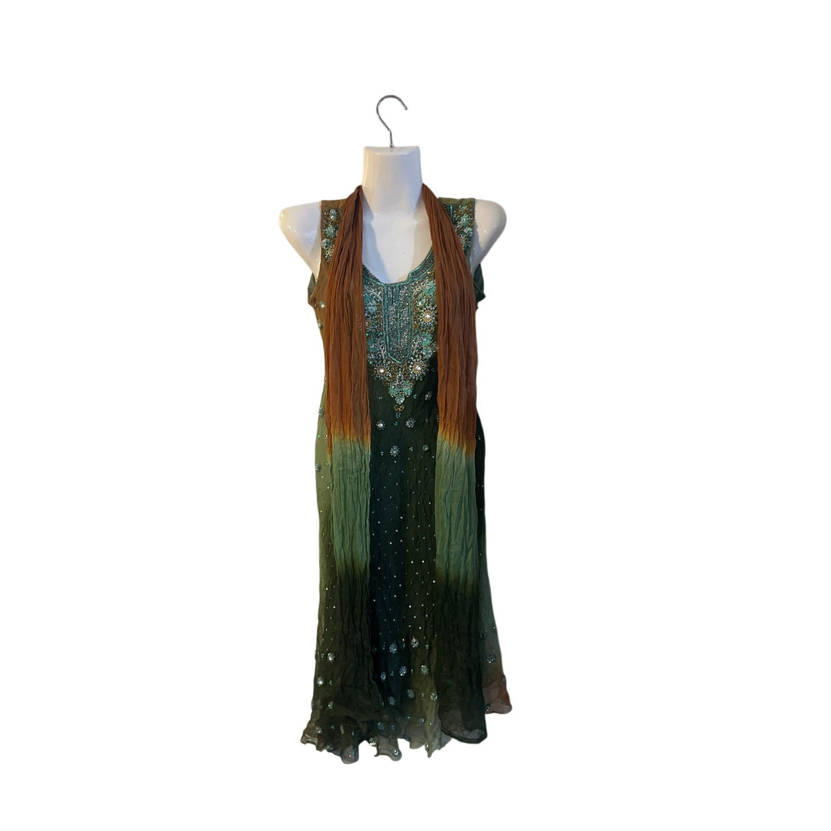 Y2K Green Hand Beaded Sequin Crinkle Silk Midi Dress VTG 90s Fairycore Art Deco