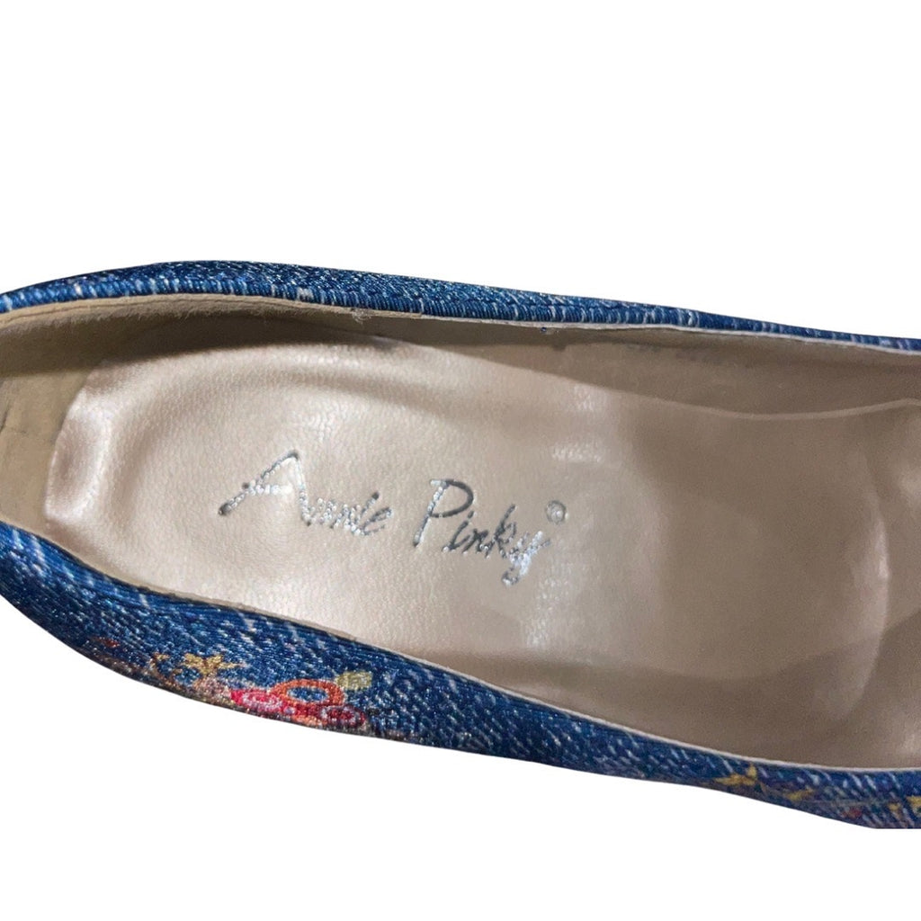 Annie Pinky Denim Floral Angel Wings High Heel Platform Stiletto Pump Size 6.5