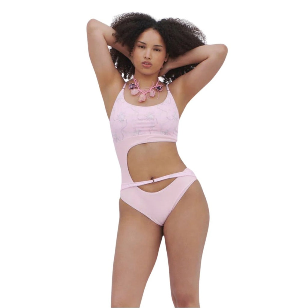 Frankie’s Bikini Thea Ribbed Cutout One Piece Swimsuit Size Large Pink Beach NWT