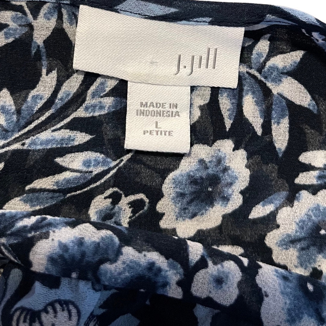J Jill Blue Floral Blouse Long Sleeve Button Up Keyhole Tie Top Size Large