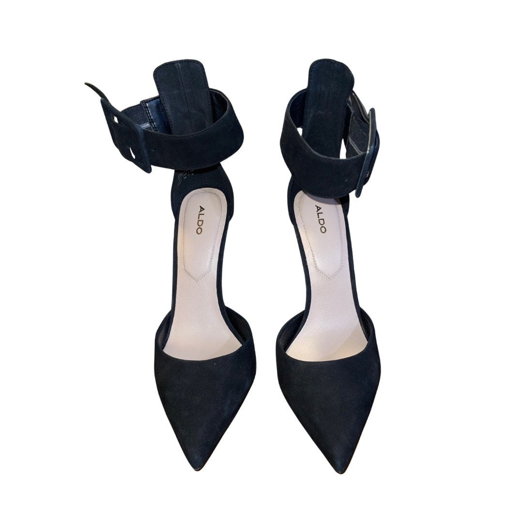 Aldo Onaedia Heels Black Pointy Toe Wide Ankle Strap Buckle Pump Stiletto Size 8.5