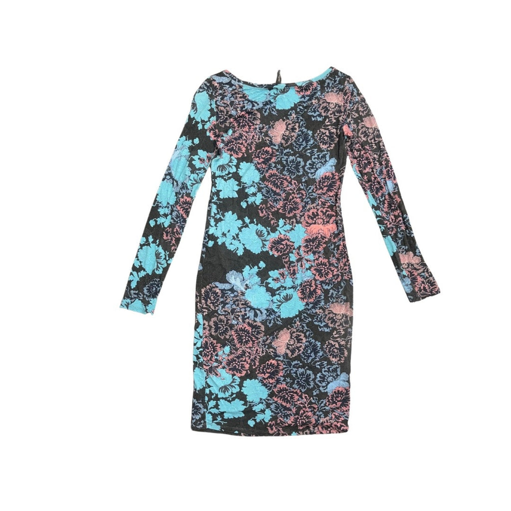 BCBGMAXAZRIA Y2K Floral Pink and Blue Long Sleeve Form Fitted Bodycon Dress