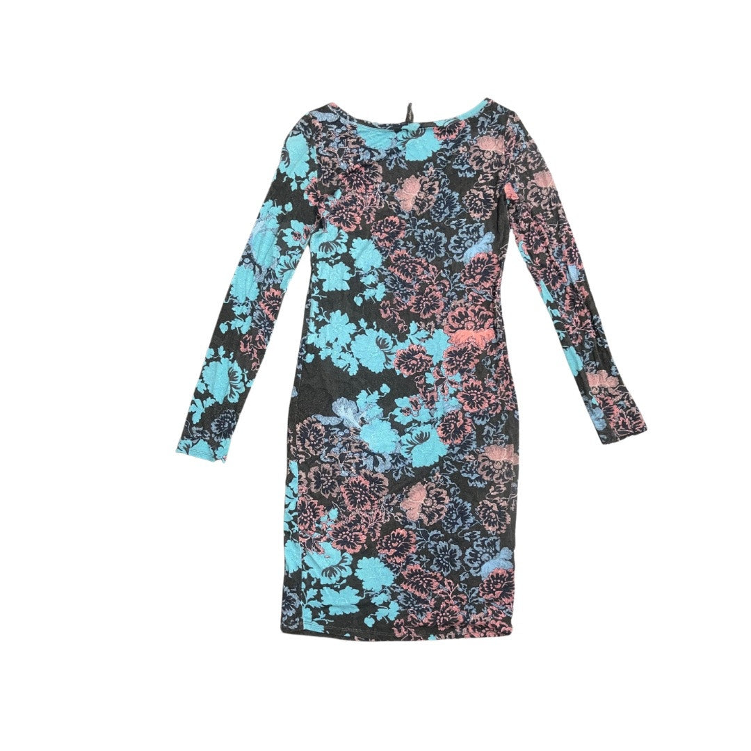 BCBGMAXAZRIA Y2K Floral Pink and Blue Long Sleeve Form Fitted Bodycon Dress