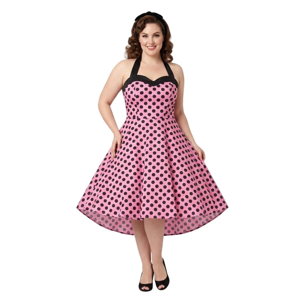 Dress Tells Rockabilly Halter Dress Pink & Black Polkadots Retro Pinup Swing