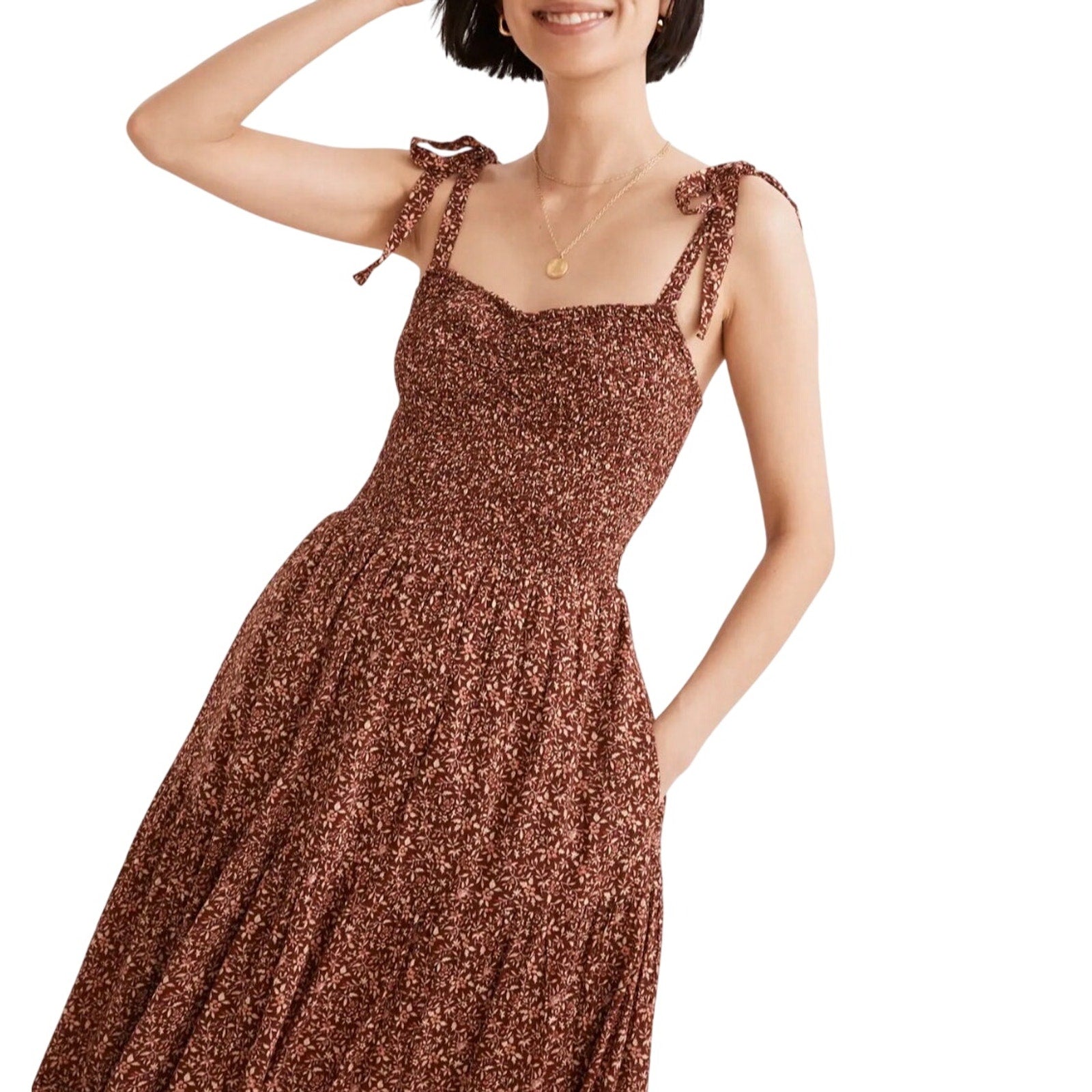 Madewell Lucie Tie-Strap Florentine Floral Tiered Midi Dress SZ L Pockets Boho