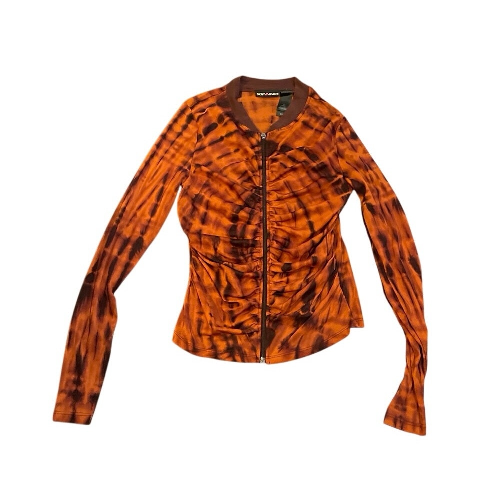 DKNY Jeans Ruched Long Sleeve Mesh Tie Dye Full Zip Top SZ M Y2K 90s Grunge