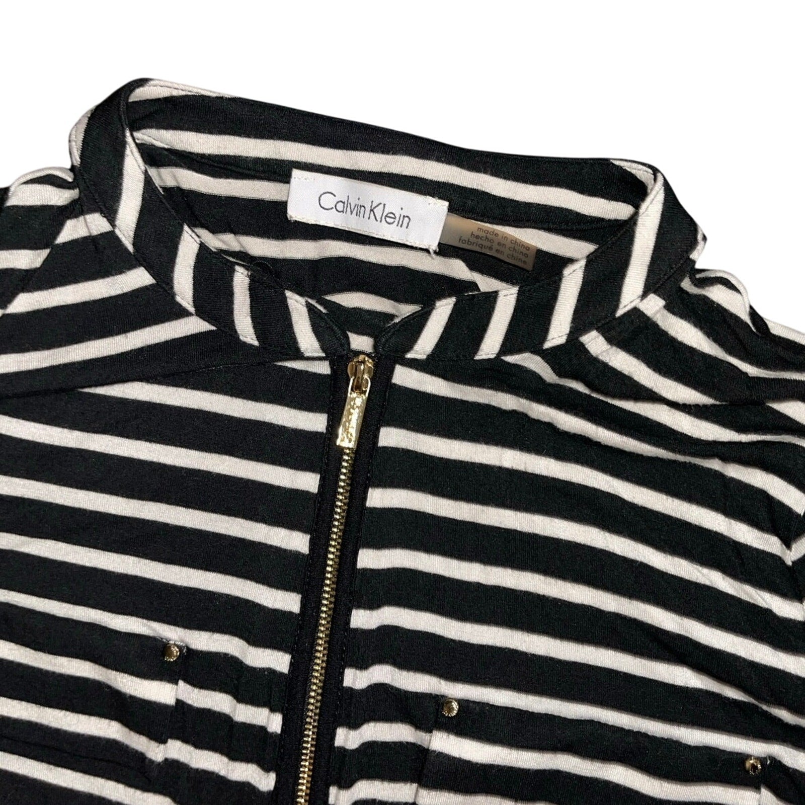Calvin Klein Women Top Blouse Black and White Long Sleeve Striped Rayon