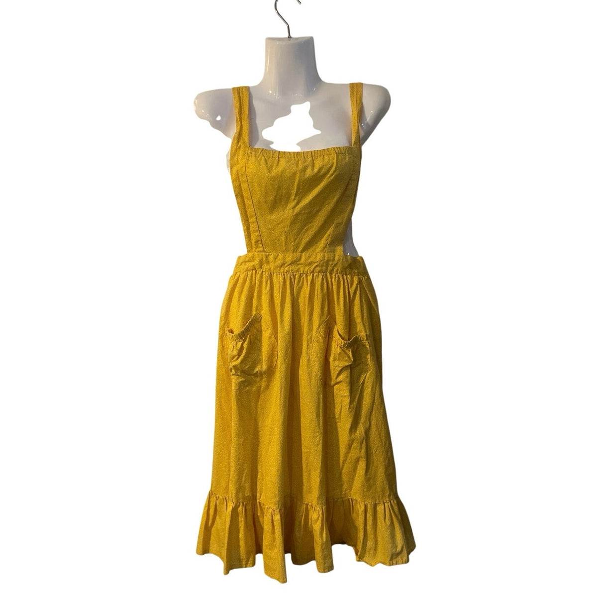 Yellow Cottagecore Apron Sundress Pockets Ruffle Hem Pinafores Utility Prairie