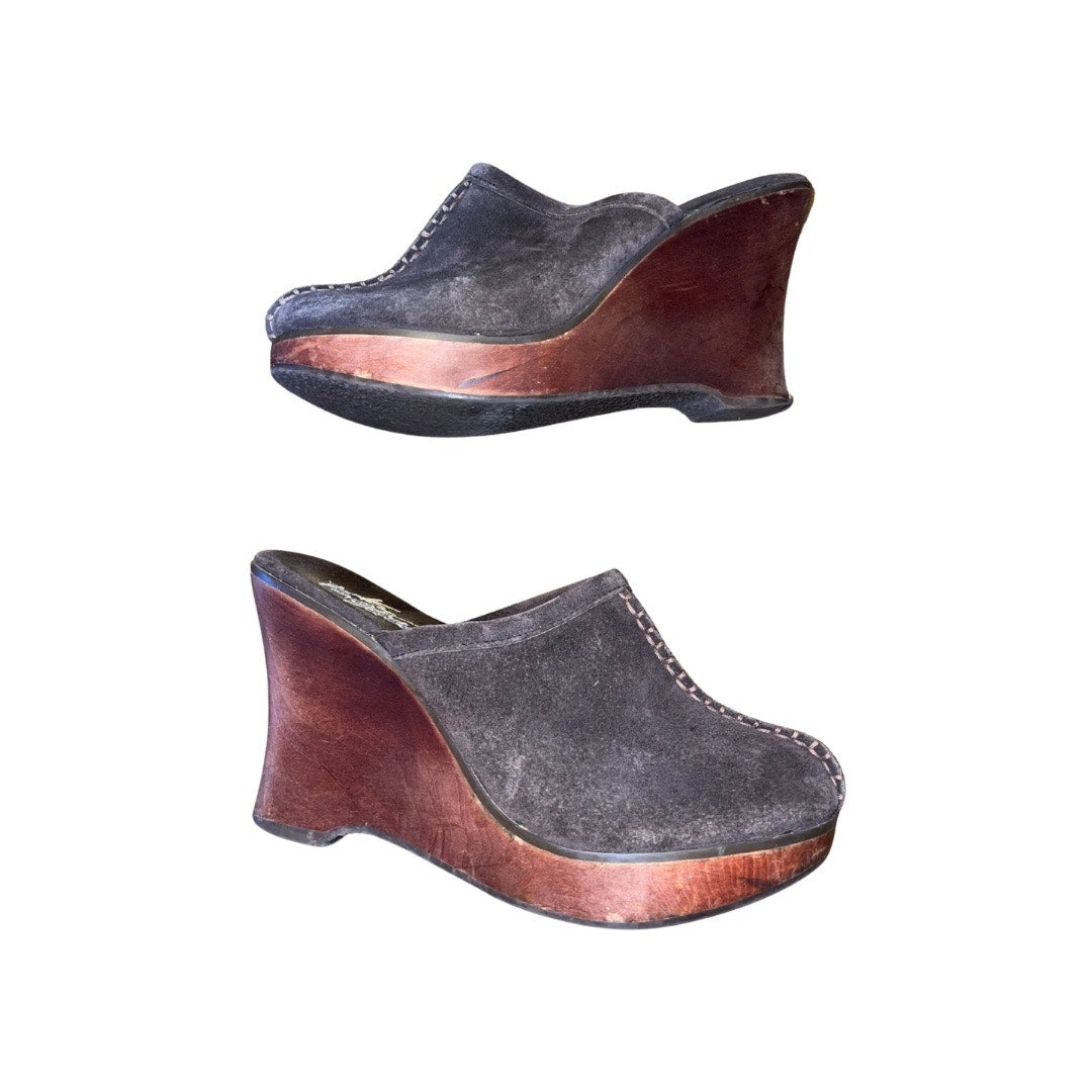Very Volatile Brown Suede Wedge Platform Wooden Clog Mules Slides Boho Indie Size 7