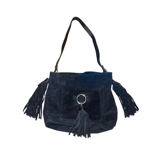 Zara Black Suede Leather Purse Linen Lined Shoulder Handbag Tassel Fringe