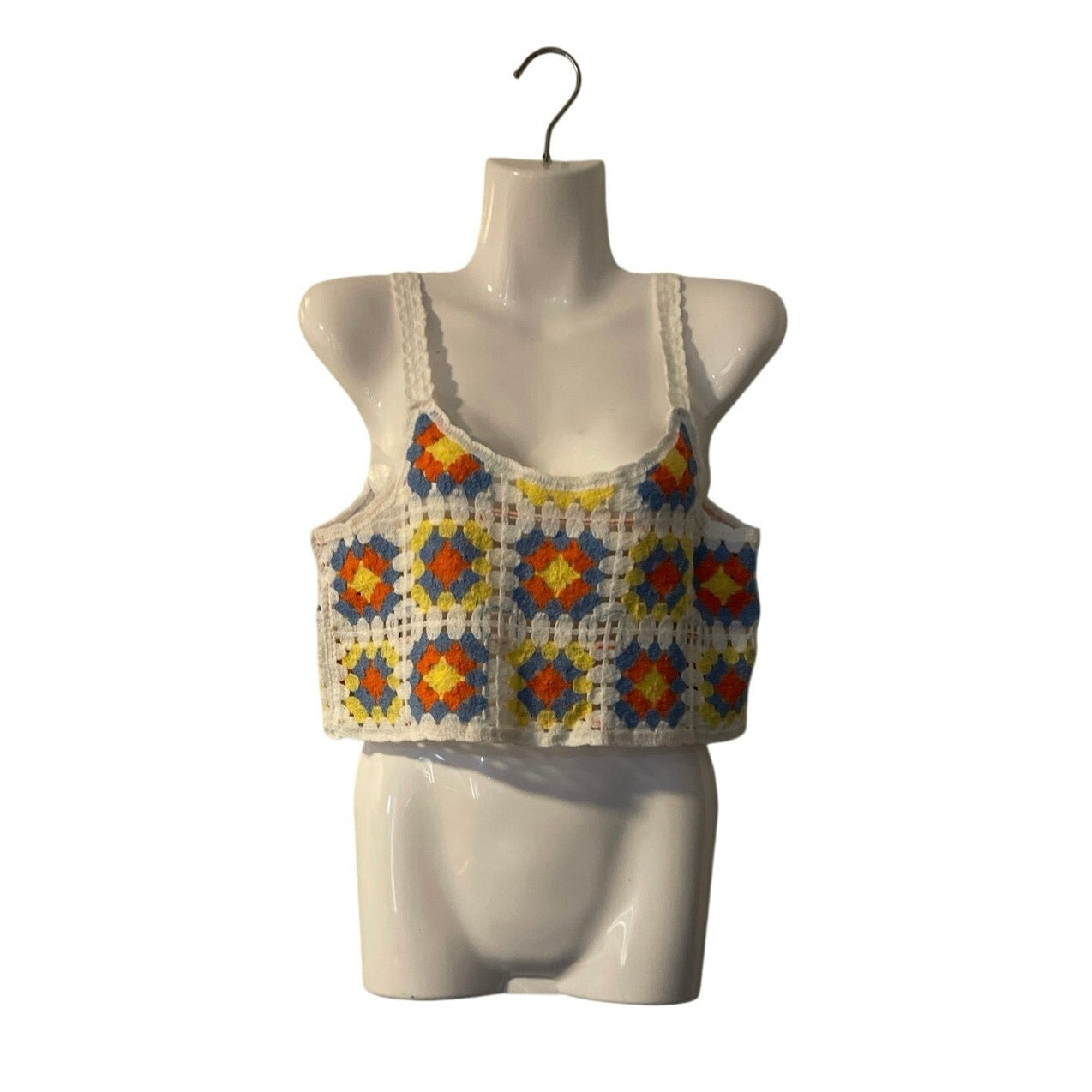 8'Concept Bohemian Crochet Knit Granny Square Crop Tank Top SZ M Retro Festival