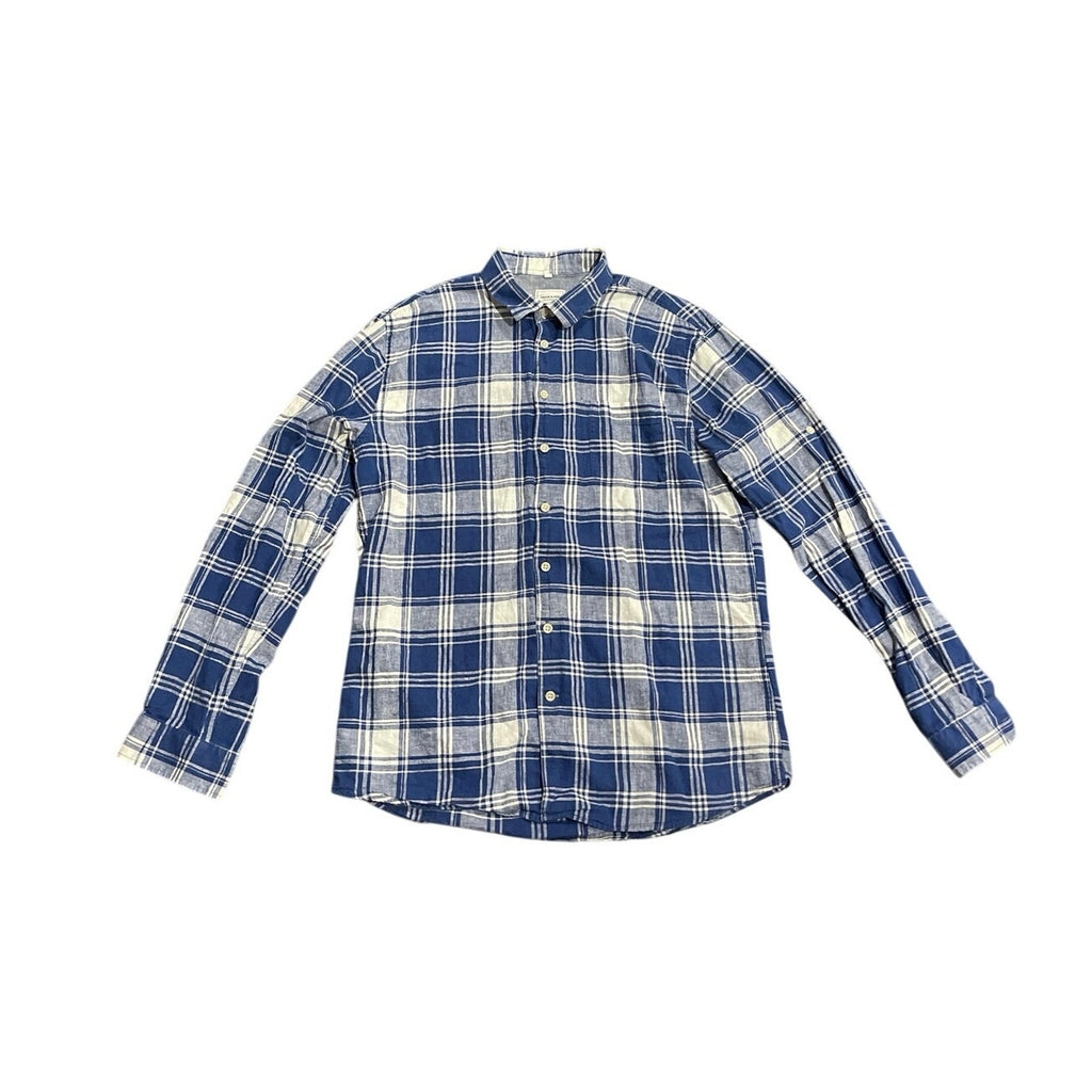 Frank & Oak Linen Blend Plaid Long Sleeve Button Shirt SZ L Coastal Nautical