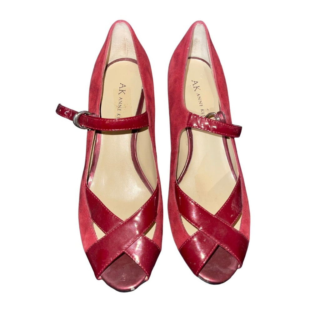 Anne Klein Mary Jane Peep Toe Red Suede Leather Heels Pumps Size 7.5 Rockabilly