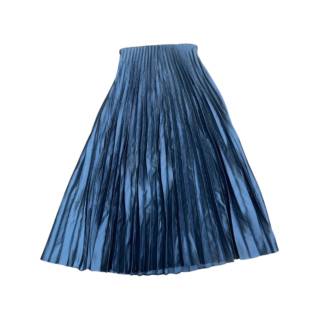 Zara Electric Blue Satin Pleated Midi Skirt SZ XS Elastic Waistband Classy Chic