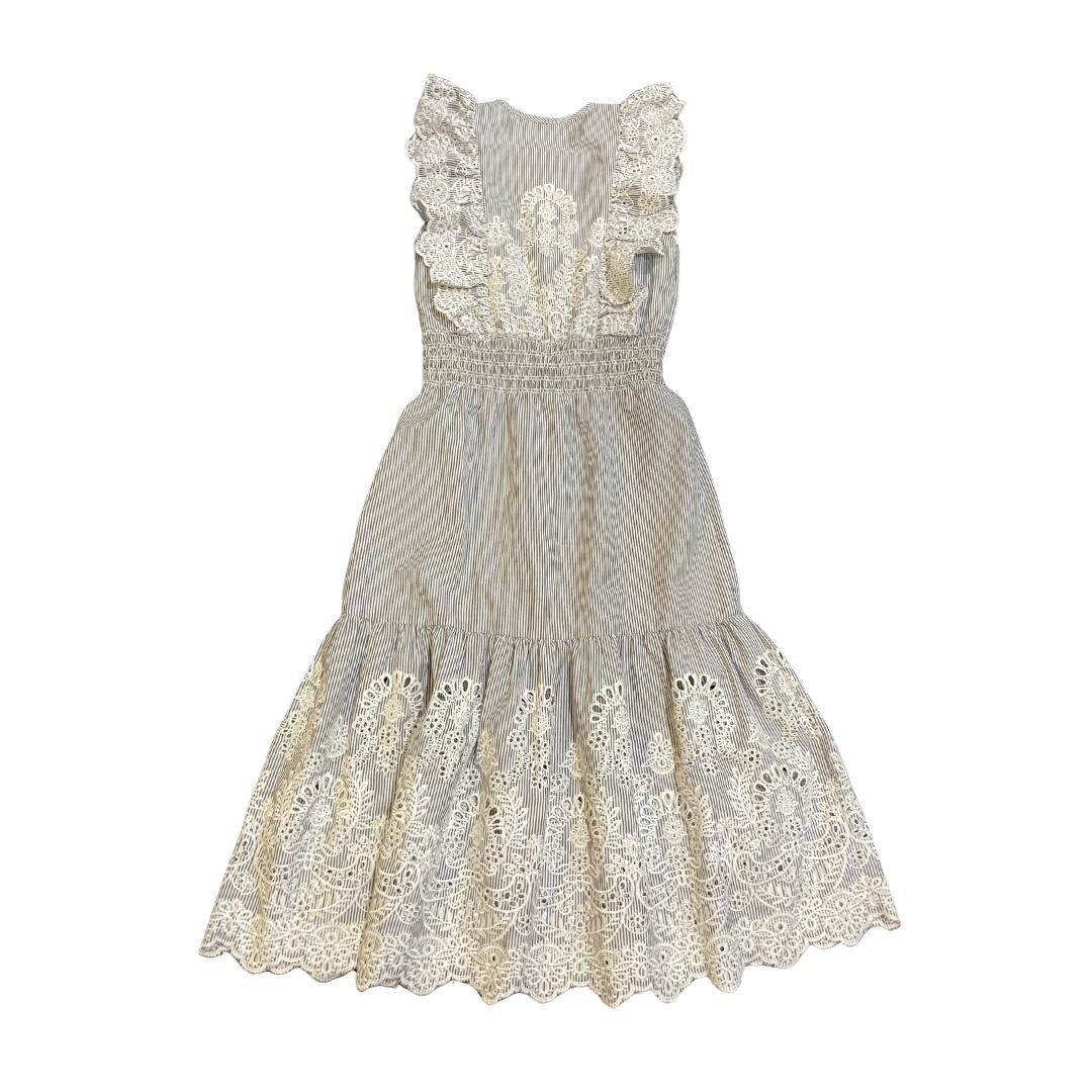 Saylor Maliyah Striped Eyelet Midi Tiered Dress Small Smocked Waist Milkmaid