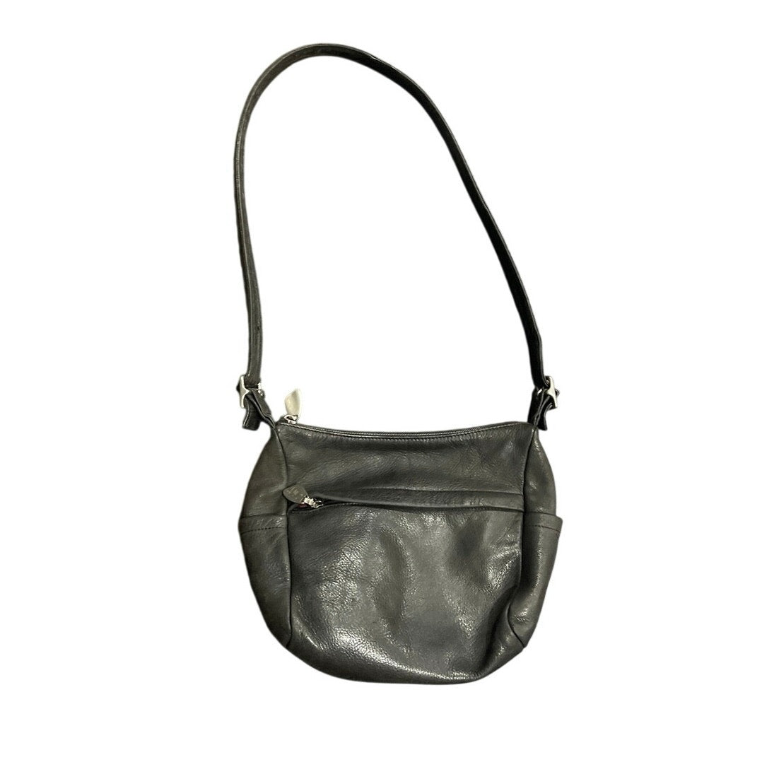 Libaire Vintage Distressed Black Leather Crossbody Purse USA Made Crescent Hobo