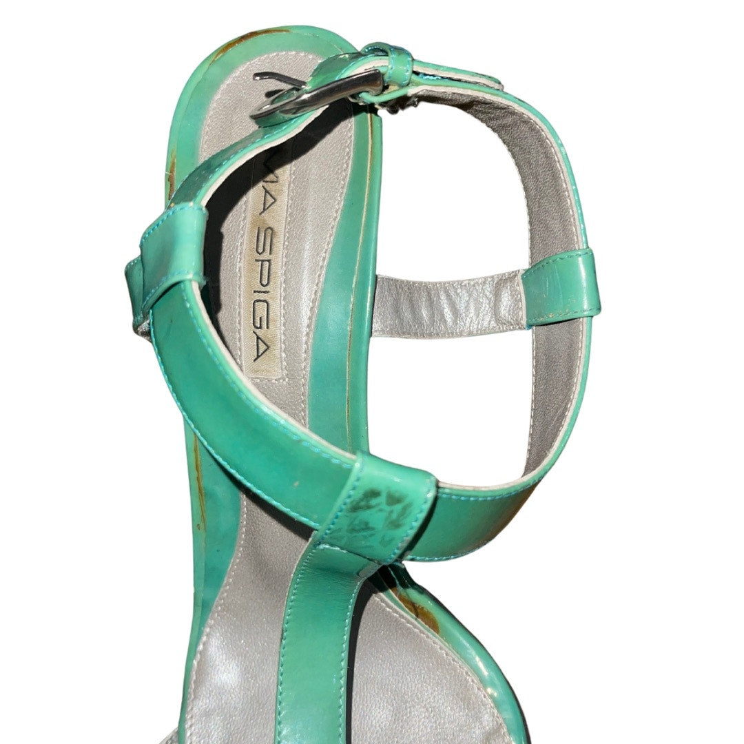 Via Spiga Teal Blue Green T Strap heel sandals open toe patent leather size 10