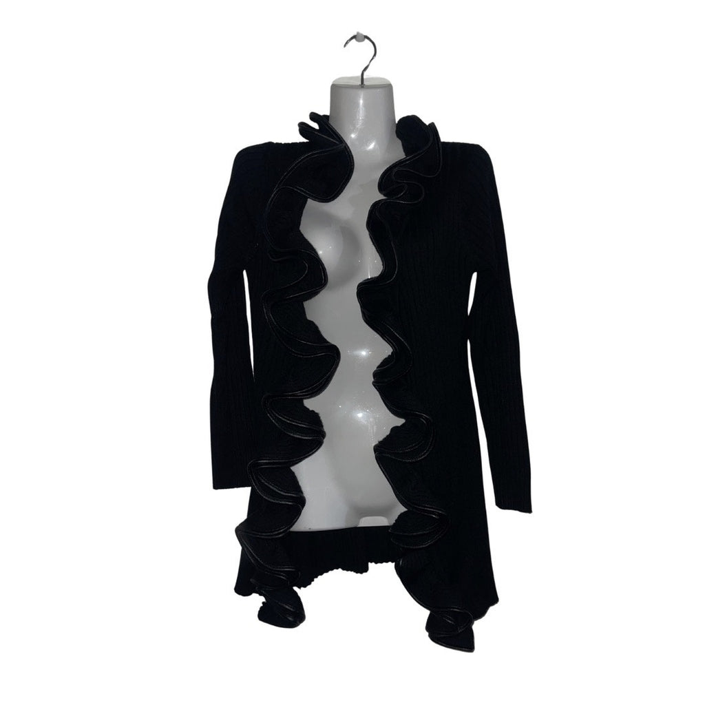 Metric Open Front Ruffle Knit Ribbed Cardigan Hook and Eye Closure SZ Large Chic
