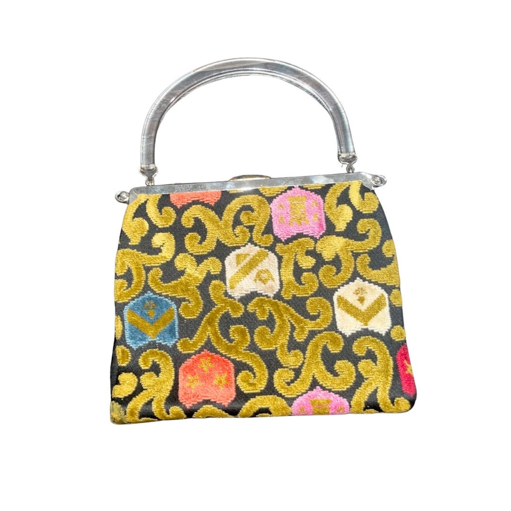 Vintage Tapestry Handbag Lucite Handle 1960s Convertible unclip frame Top Handle