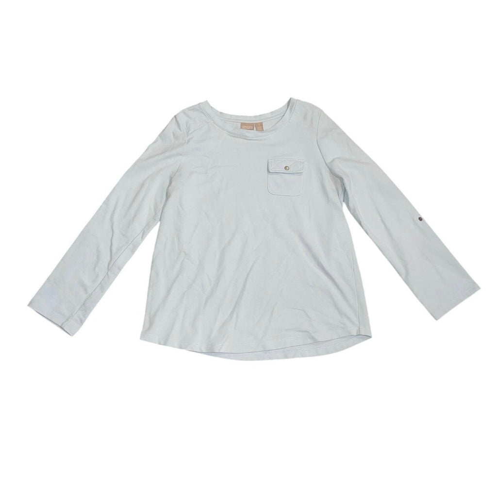 Chico's Women 3/4 Sleeve Cotton Light Blue Size 1 Medium Casual Pocket