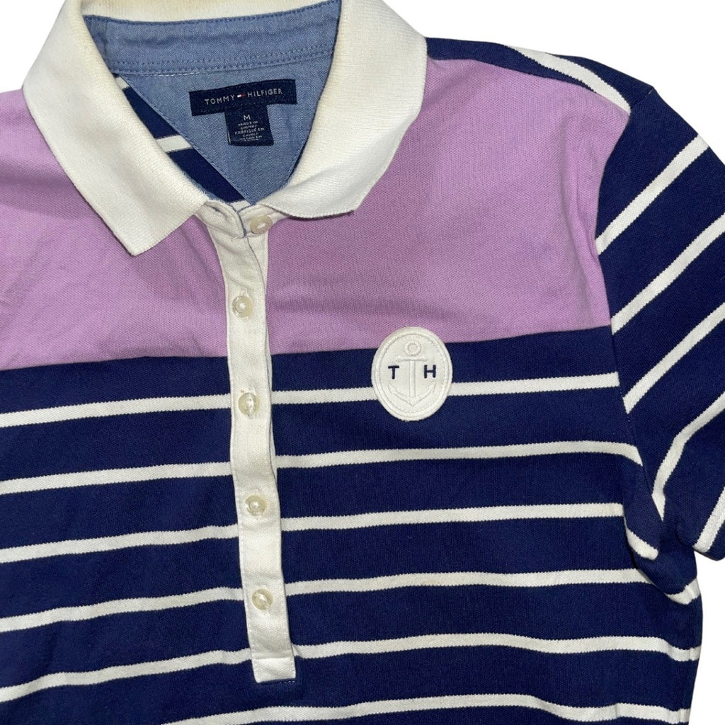 Tommy Hilfiger Striped Collar Button Polo Shirt Size Medium Y2K Anchor Nautical