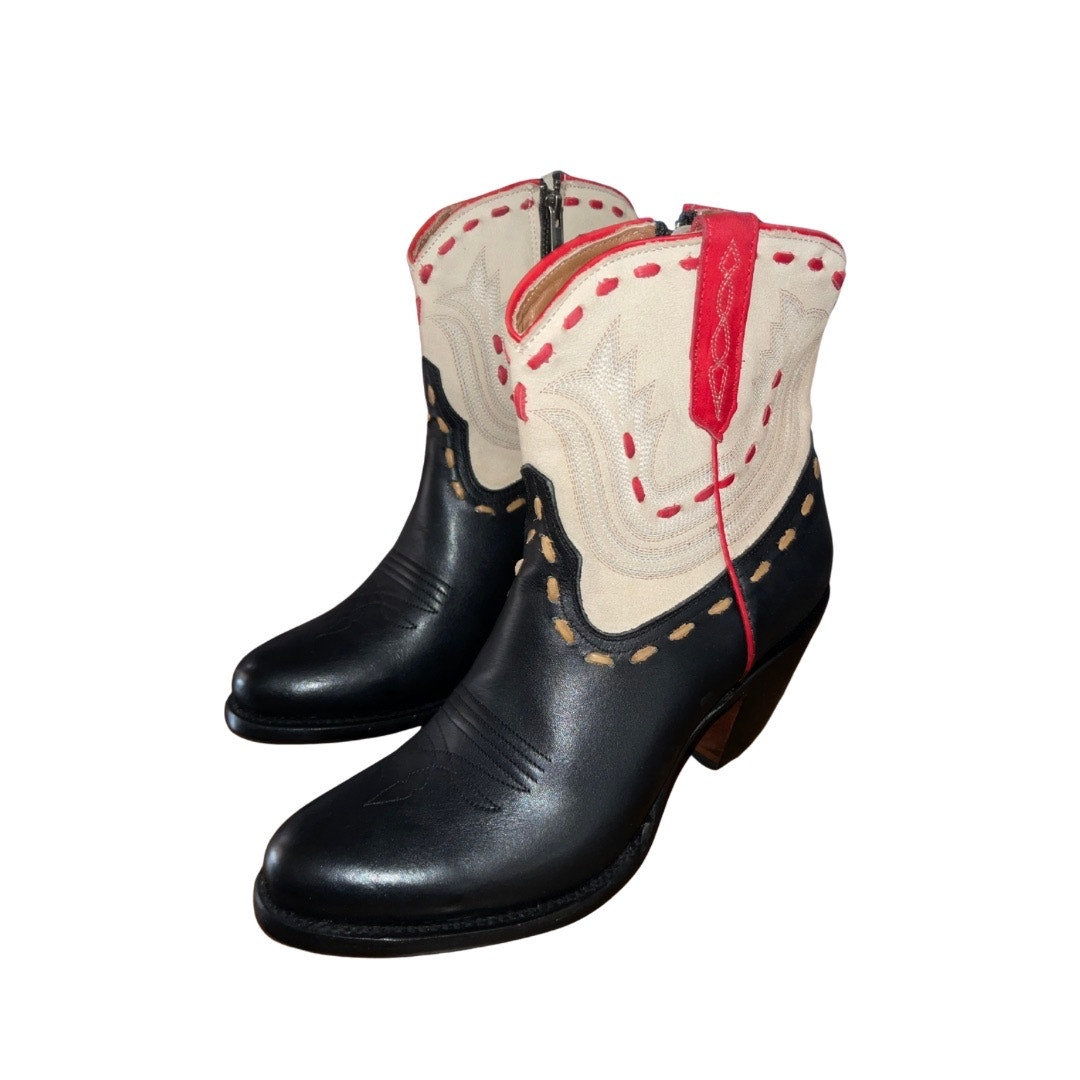 Lucchese Women Cream Black Cowboy Western Bootie (Ash Boot) Size 8.5 NWT Rodeo