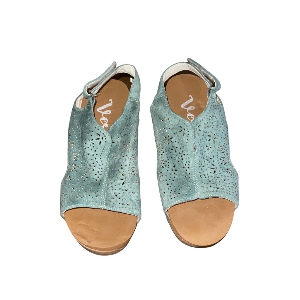 Very G. Free Fly 3 Wedges Turquoise Cork Heel Size 8 Artsy Boho Chic Spring