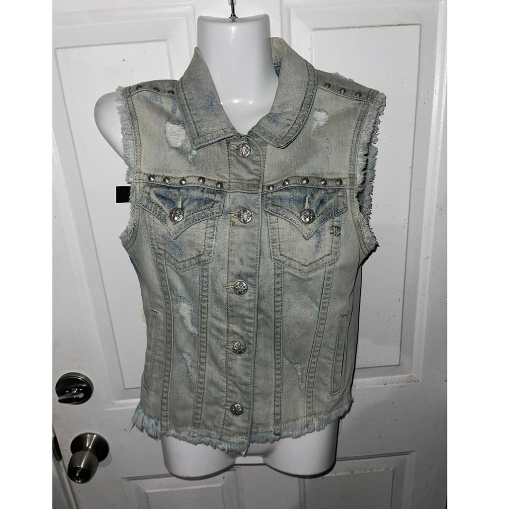 Miss Me Distressed Studded Denim Vest Light Blue Size Small Western Cowgirl Y2K