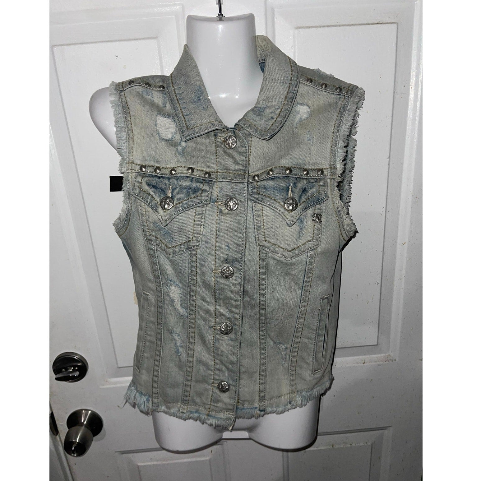 Miss Me Distressed Studded Denim Vest Light Blue Size Small Western Cowgirl Y2K