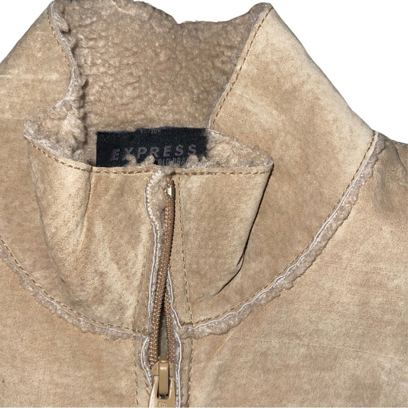 Express Genuine Suede Leather Sleeveless Full Zip Vest SZ M Sherpa Lined Vintage
