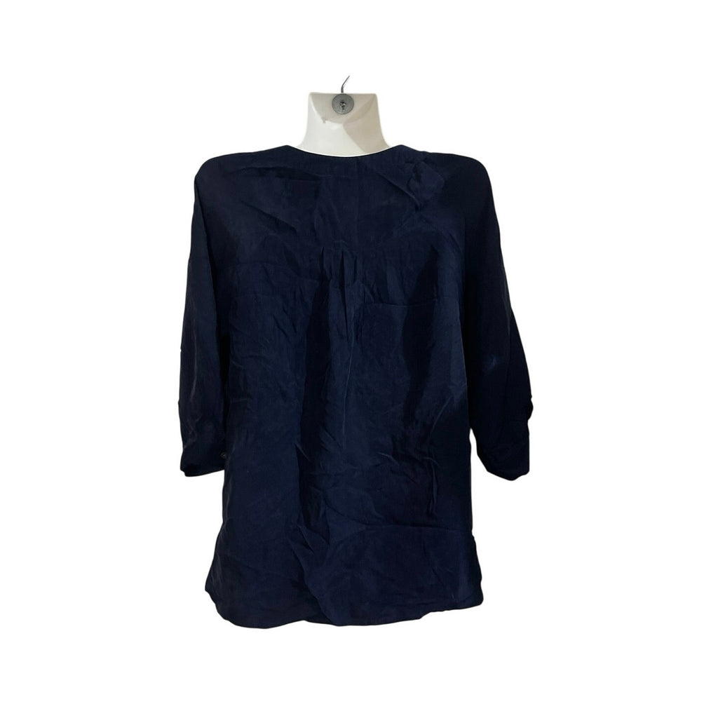 Theory Reiba Navy Blue Silk Embroidered Boho Tunic Blouse SZ P Boho Casual