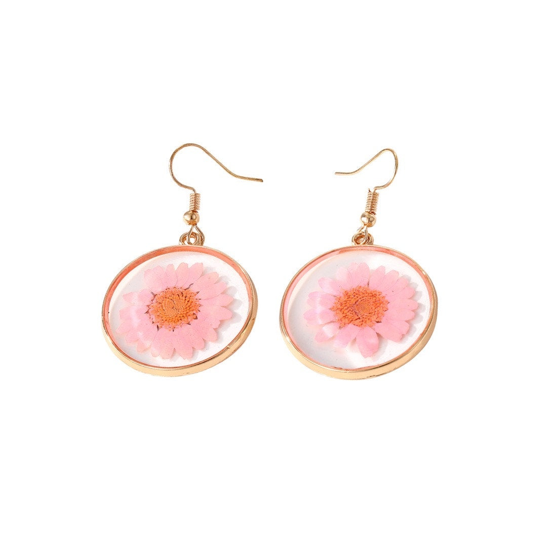 Pink resin flowers Circular Earrings Made of alloy metal w/ flower incase