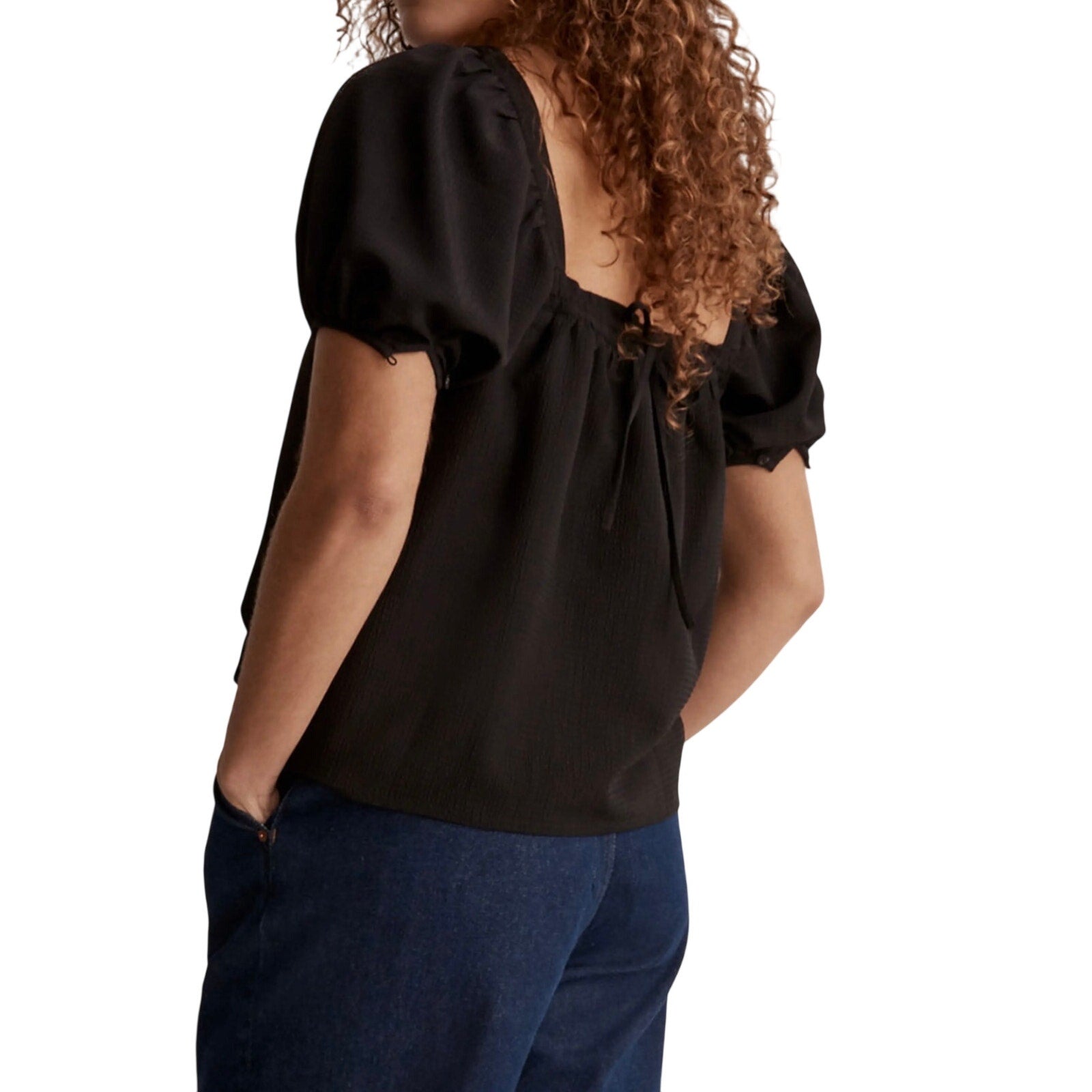 Madewell Seersucker Top Puff Sleeves Tie Back Size XL Flattering Flirty Flowy