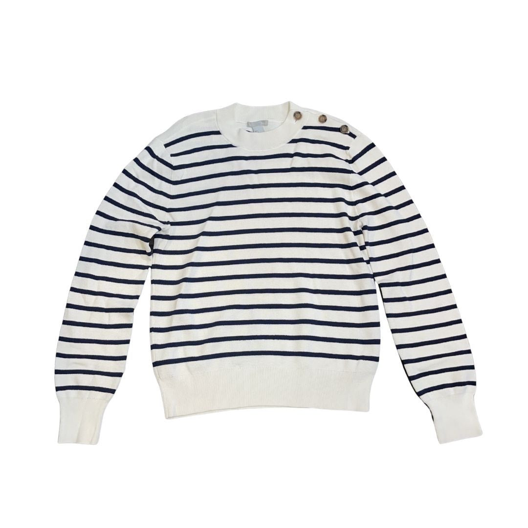 H&M Striped Crewneck Sweater Button Detail SZ Small Preppy Casual Chic Nautical