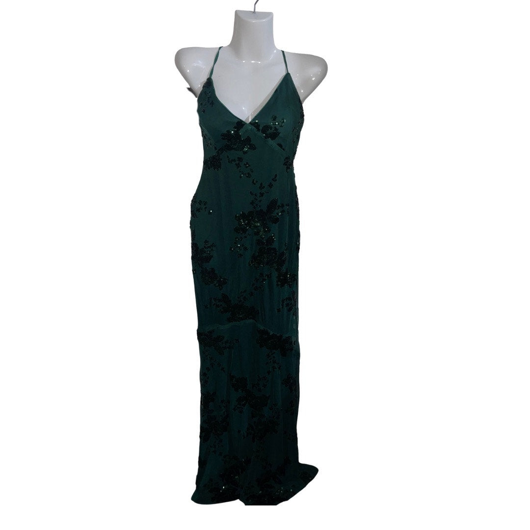 Lulus Valhalla Forest Green Sequin Lace-up Maxi Dress Small Formal Wedding Prom